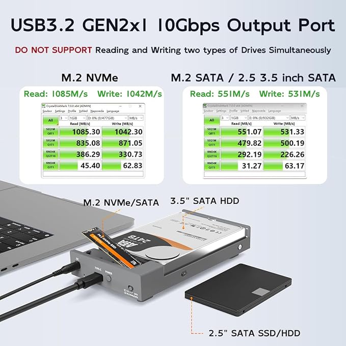 MAIWO Dual Bay Enclosure for M.2 NVMe SATA SSD and 2.5 3.5 inch SATA SSD HDD, External Hard Drive to USB C Adapter, 10Gbps 32TB Capacity【DO NOT Support Clone】