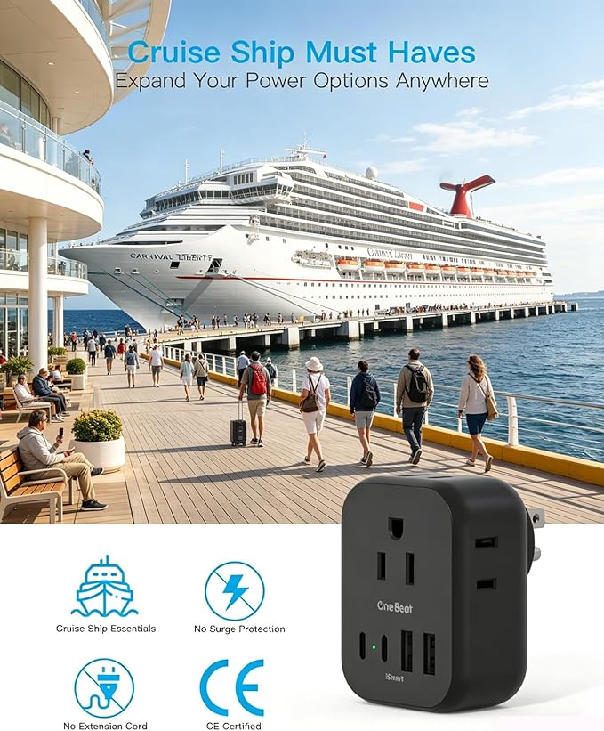 Travel Cruise Ship Essentials, Multi Plug Wall Outlet Extender with 4 Outlets 4 USB (2 USB-C), Cruise Approved Power Strip Non Surge Protector, USB Wall Charger, Small USB Outlet Plug Adapter, Black