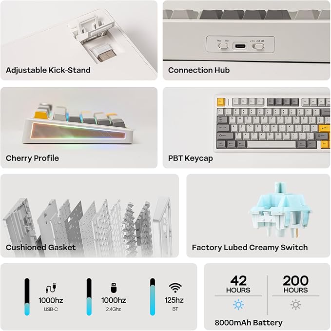 EPOMAKER TH80 V2 75% Wireless Mechanical Keyboard with Metal Knob, 8000mAh, 2.4Ghz/BT/USB-C, RGB, Hot Swap, Custom Driver, PBT Keycap, Wireless Gaming Keyboard for PC/Mac (White, Creamy Jade)