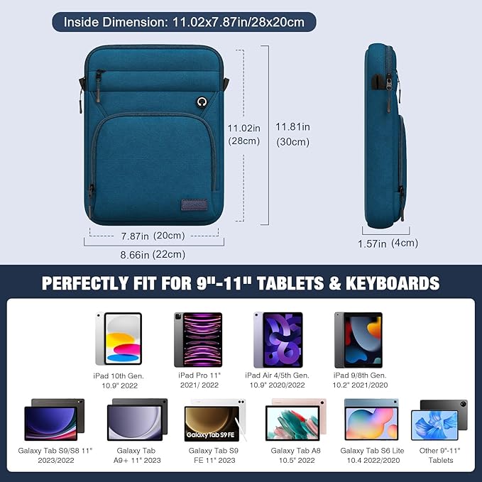MoKo 9-11 Inch 360° Protective Tablet Sleeve Bag with Earphone Hole & Multi-Pockets, Fits New 11-inch iPad Air M4 2026 & iPadPro 11 M5,iPad A16,iPad10/5/4. 10.9,iPad9/8. 10.2,Tab S8/S9 11,Peacock Blue