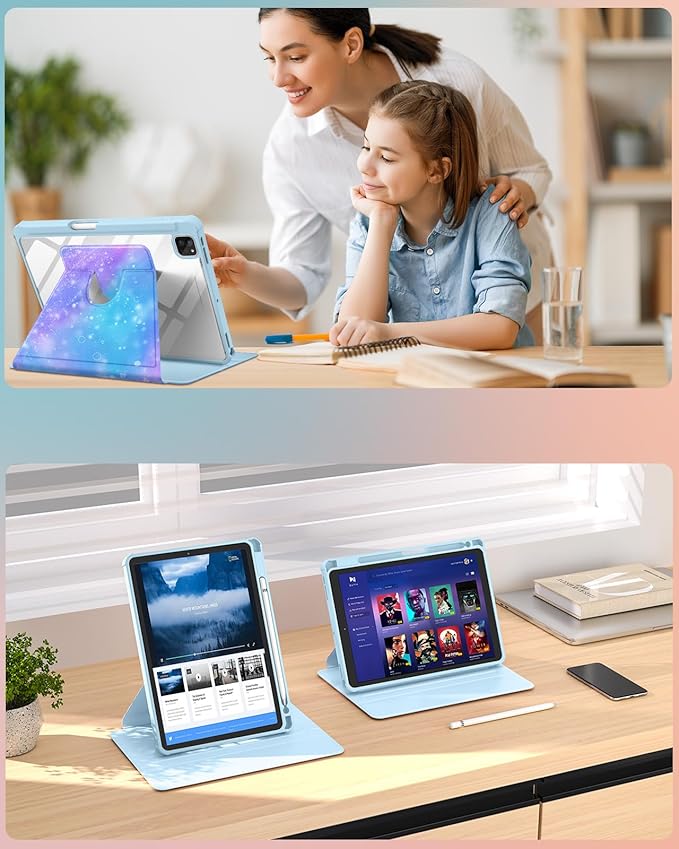 Uppuppy for iPad Pro 12.9 Case Folio Cover with Pencil Holder Girls Cute Women Kids Teens Girly Pretty Aesthetic Kawaii Design Rotating Stand for Apple iPad Pro 12.9 Inch Cases 2022/2021/2020/2018