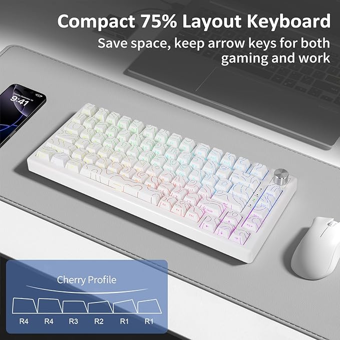 HUO JI 75% Wireless Mechanical Gaming Keyboard, Bluetooth/2.4G/USB Wired, Creamy Sound, RGB Backlit, Hot Swappable Pre-lubed Linear Switches, Volume Knob, Custom Gasket Structure for Win/Mac, White
