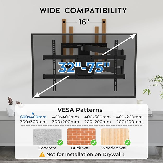 BONTEC Corner TV Wall Mount with Extra Long 40.9” Extension Arm for 32–75 Inch TVs, Holds Up to 132 lbs, Full Motion Dual Arm TV Bracket with Tilt, Swivel, Level Adjustment, Max VESA 600×400mm
