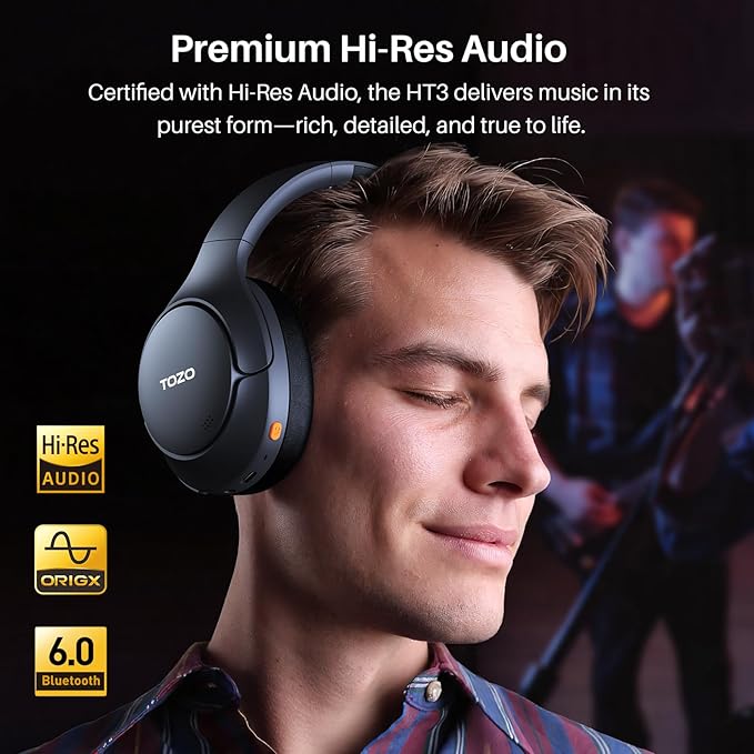 TOZO HT3 Hybrid Noise Cancelling Headphones, 90H Battery Life Wireless Over Ear Bluetooth 6.0 Foldable Headset, AI Voice Assistant with 5 Mics, Connect 2 Devices & Hi-Res Sound, 32 Audio EQ, with Case
