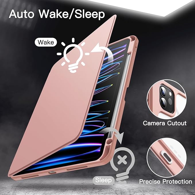 JETech Rotating Case for iPad Pro 11-Inch 2022/2021(4th/3rd gen) with Pencil Holder, 360 Degree Rotation Protective Stand Cover Clear Back, Auto Wake/Sleep (Rose Gold)