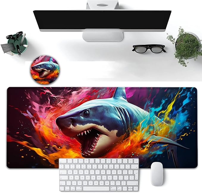 Large Mouse Pad, 31.5 x 11.8in Extended Gaming Mouse Pad with Stitched Edges, XXL Mousepad Protector Non Slip Rubber Base for Office and Home Writing Mat, Watercolor Sharks Pattern Black Desk Mat