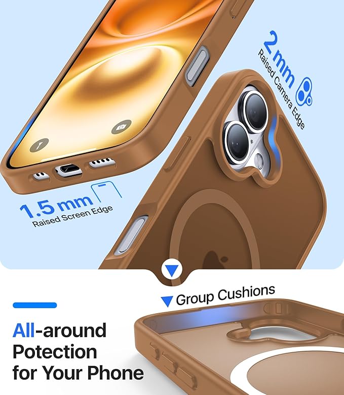 Magnetic for iPhone 16 Case, [Compatible with MagSafe][Military-Grade Drop Protection][Anti-Yellowing] Shockproof Protective Translucent Matte Cover for iPhone 16 Phone Case,Brown