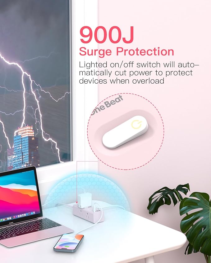 10Ft Extension Cord with Multiple Outlets,Flat Plug Power Strip Surge Protector with 10 Ft Long Cord,6 Outlet 4 USB Ports (2USB C),Multi Outlet Wall Plug for College,Dorm Essentials(Pink)
