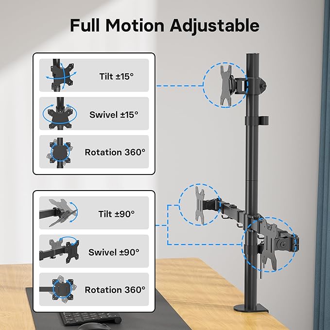 BONTEC Triple Monitor Desk Mount, Supports 13-32 Inch Screens, Full Motion Adjustability, VESA 75x75/100x100mm, Up to 22lbs per Arm, C Clamp and Grommet Mounting Options, Cable Management