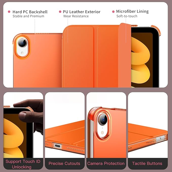 MoKo for iPad mini 7 (A17 Pro) Generation Case 2024, iPad mini 6 Case 2021, 8.3-inch Slim Lightweight Protective Hard Back PC Shell Stand Cover Support Touch ID, Auto Wake/Sleep, Orange