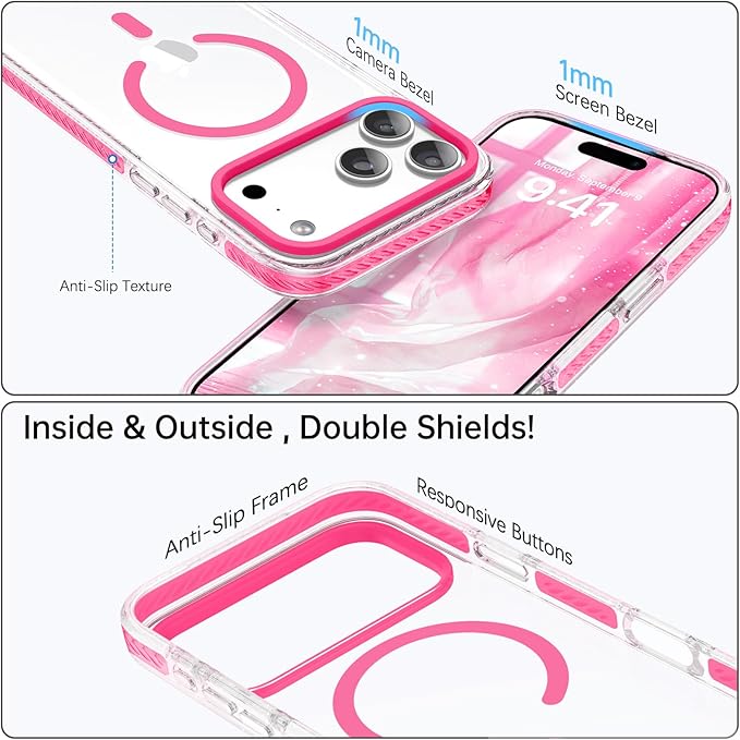 BENTOBEN Magnetic for iPhone 17 Pro Max 6.9" Case, Compatible with Magsafe Military Shockproof Protective Bumper Cute Transparent Slim Anti-Yellowing Case for iPhone 17 Pro Max Cover, Clear Hot Pink