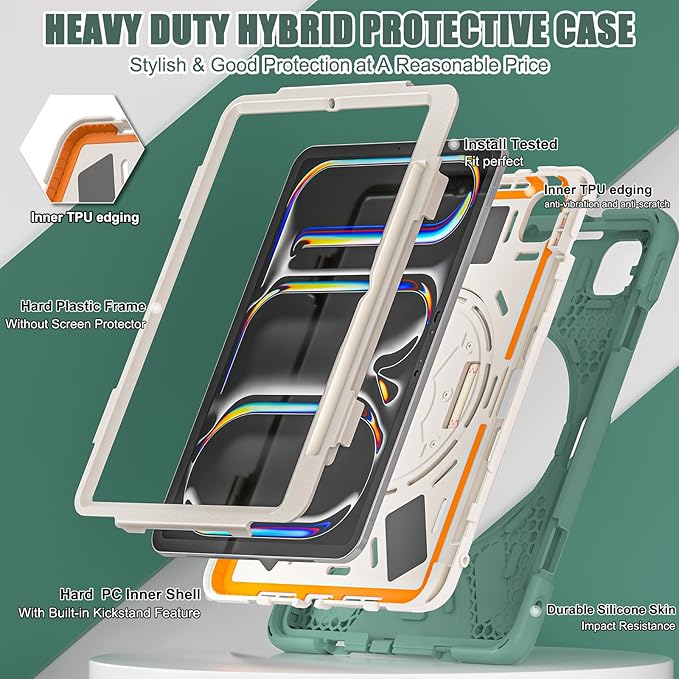 Batianda Case for New iPad Pro 11-inch 2025 M5 2024 M4 Chip Heavy Duty Rugged Durability Silicone Tablet Cover with 360° Rotating Hand Strap Foldable Hidden Stand & Shoulder Strap, Sea Green