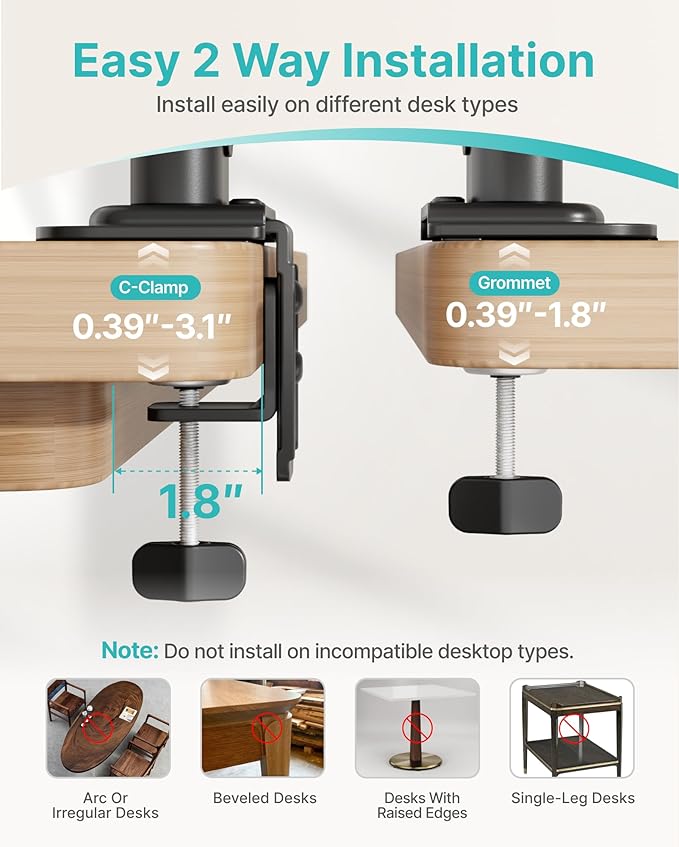 Pegzone Vertical Dual Monitor Mount for 17–34 Inch Screens, Stacked Monitor Stand, Holds up to 33 lbs per Arm, 33.1" Extra Tall Pole, Full Motion Height Adjustable Mount, 75/100 VESA, Clamp & Grommet