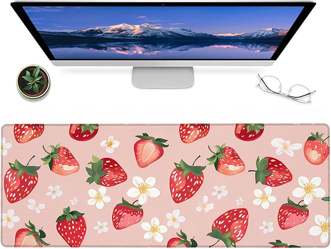 Strawberry and Floral Gaming Mouse Pad – 12x31.5in Non-Slip Rubber Desk Mat with Cute Fruit Design – Large Extended Mousepad for Office Home – Deskmat Gifts for Food and Kawaii Lovers Decor