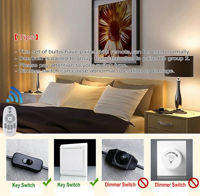 12W E26 Smart LED Light Bulbs Dimmable with 2.4GHz Wireless 3-Zone Remote Control - Adjustable Color Temperature (Warm/Cool) and Brightness 2 Pack (2 Bulb+1 Remote)
