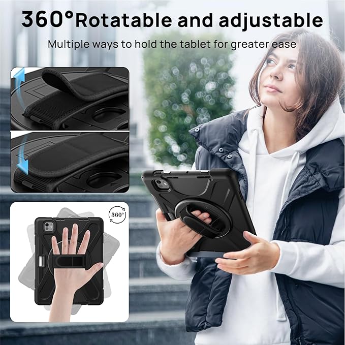 Gerutek Case for iPad Pro 11 inch Case M5 2025 / M4 2024, Shockproof Protective Heavy Duty Case with Screen Protector, Pencil Holder, 360°Rotating Stand, Hand Strap, Shoulder Strap- Black