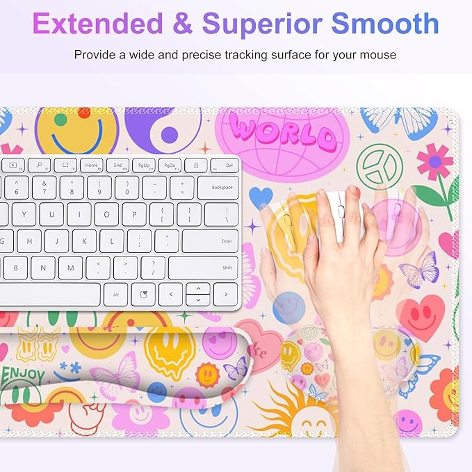 Large Gaming Mouse Pad Set, 4 in 1 Extended Keyboard Desk Mat with Wrist Rest, PC Computer Game Mousepad Set, Non-Slip Desk Pad Protector Easy Typing Pain Relief for Home Office I Hippie Smile