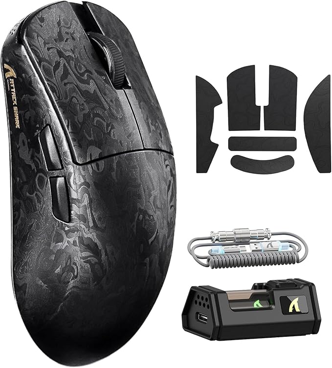 ATTACK SHARK R11 Ultra 8K Carbon Fiber Wireless Gaming Mouse with 42000DPI-PAW3950 MAX Sensor-49g Lightweight,Nordic 52840 MCU Chip,Wired/BT/2.4Ghz Programmable,RGB Coiled Cable for PC(Black Ink+Tape)
