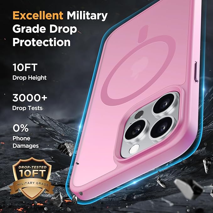 Miracase Magnetic for iPhone 13 Pro Case 6.1 inch (Compatible with MagSafe)（with 2X Screen Protectors） Military-Grade Protection, Anti-Fingerprint Translucent Matte Phone Case Cover, Mes Pink