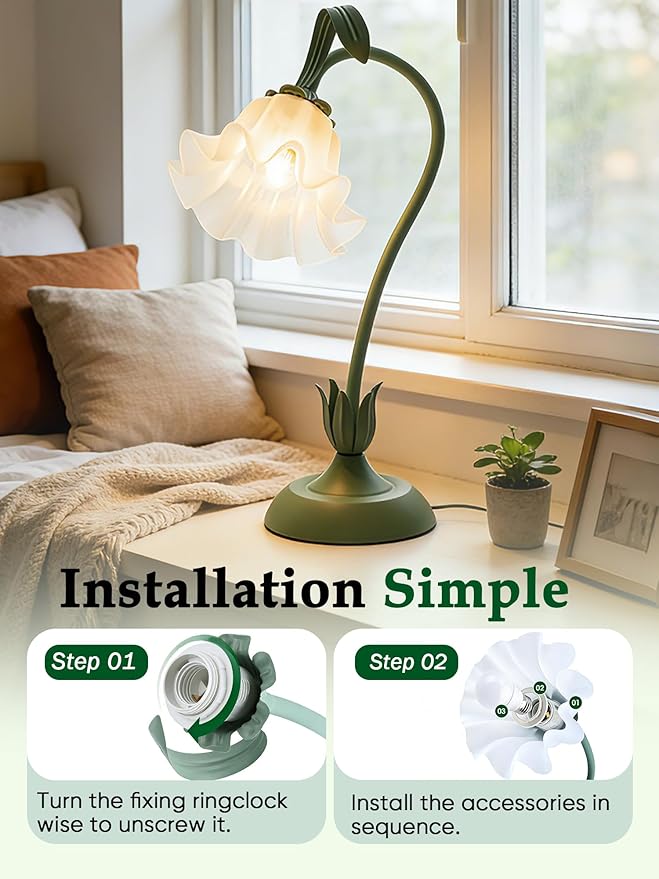 Mothers Day Gifts for Mom, Flower Table Lamp, LED Reading Light 3 Color Modes Bedside Lamps, Vintage Flower Nightstand Lamp Kawaii Table Lamps for Bedroom Living Room Home Decoration(Green lamp)