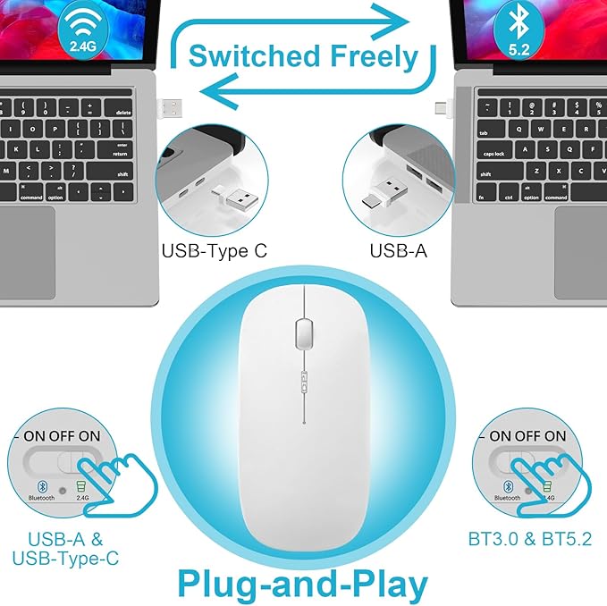 Normdecos Mouse for MacBook Wireless Bluetooth Mouse Laptop MacBook Air Mac Pro Rechargeable Silent PC iPad Optical Mice with Dual Mode Switch Bluetooth 5.2/3.0 and 2.4GHz USB Type-C Receiver Gray