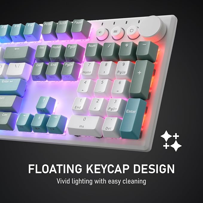 iRocks K74R Wireless RGB Illuminated Mechanical Gaming Keyboard, Hot-Swappable Switches, Easy-Clean Floating Design, PBT 107 Keys NKRO, Detachable USB-C Cable - Island Blue (Brown Switches)