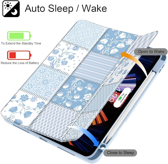 Tuiklol for iPad Pro 11 Inch 4th / 3rd / 2nd / 1st Gen (2022 2021 2020 2018) Case -Built-in Pencil Holder Shockproof Cover Clear Transparent Back Shell with Auto Wake/Sleep, Patchwork Floral