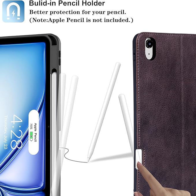 Gexmil Genuine Leather Case for iPad Pro 11 Inch (M5/M4) 2025/2024 with Pencil Holder,Protective Shockproof Leather Smart Folio Cover Adjustable Stand Auto Sleep/Wake Anti-Slip, Sanded Brown