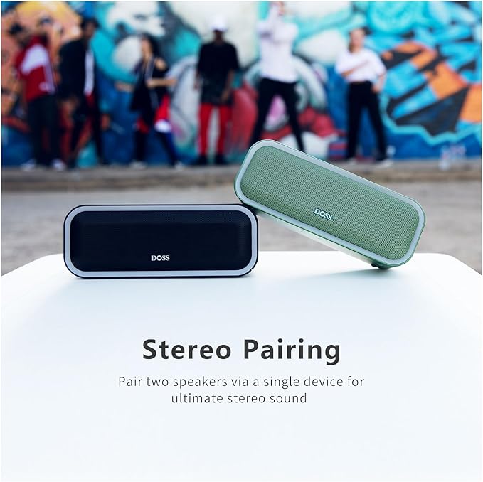 DOSS SoundBox Pro+ Bluetooth Speaker, Immersive 24W Stereo Sound with Booming Bass, IPX6 Waterproof, 15H Playtime, Mixed Colors Lights, Wireless for Backyard, Hiking, Garage, Party-Blue