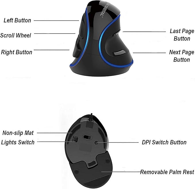 J-Tech Digital Wired Ergonomic Vertical USB Mouse with Adjustable Sensitivity (600/1000/1600 DPI), Scroll Endurance, Removable Palm Rest & Thumb Buttons [V628]