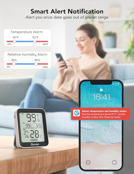 Govee Indoor Hygrometer Thermometer 3 Pack, Bluetooth Humidity Temperature Gauge with Large LCD Display, Notification Alert with Max Min Records, 2 Years Data Storage Export for Room Greenhouse, Black