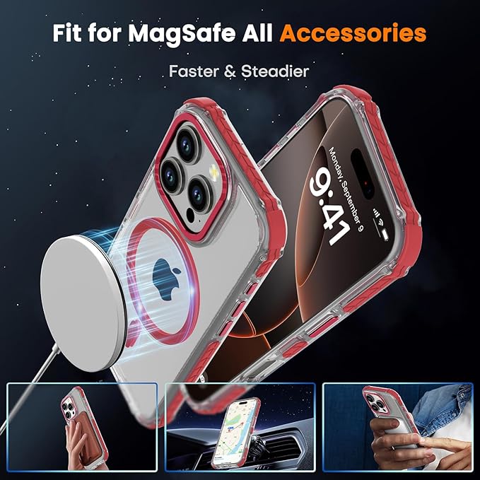 DEERLAMN Strong Magnetic Case for iPhone 16 Pro 6.3-Inch,[Compatible with Magsafe] Clear Slim Shockproof Protective Phone Cover for Women Men-Transparent+Red