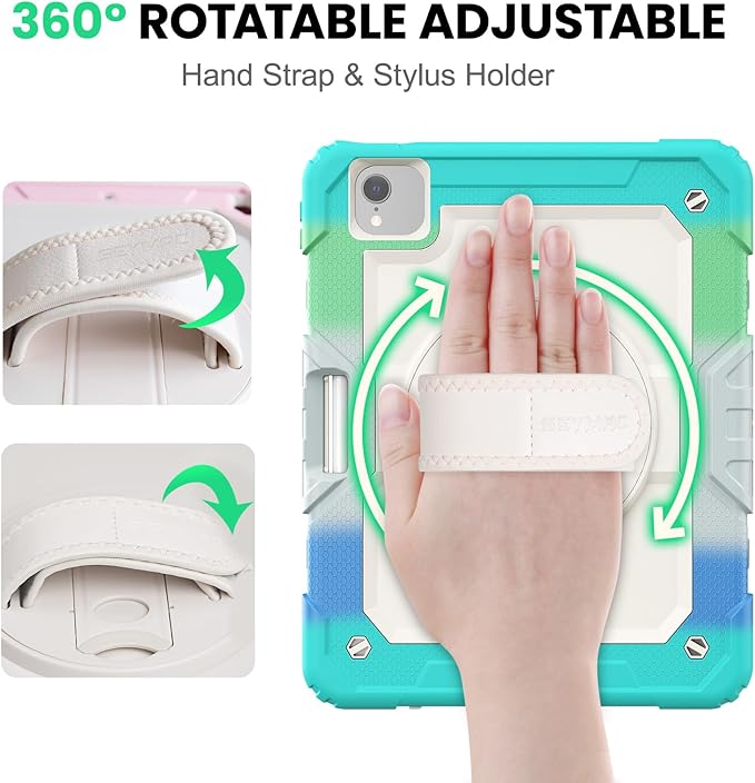 SEYMAC Case for iPad Air 5th/ 4th Generation 10.9", Full-Body Shockproof Protective Case with Screen Protector, Rotating Stand/Handle/Shoulder Strap/Pencil Holder for iPad Air 5/ Air 4, Colorful/Blue