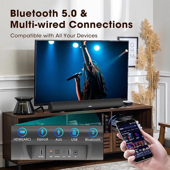 BESTISAN Soundbar, TV Sound Bar with Wired HDMI and Wireless Bluetooth 5.0 Home Theater System (28 Inch, Enhanced Bass Technology, 3-Inch Drivers, Bass Adjustable, Wall Mountable, DSP)