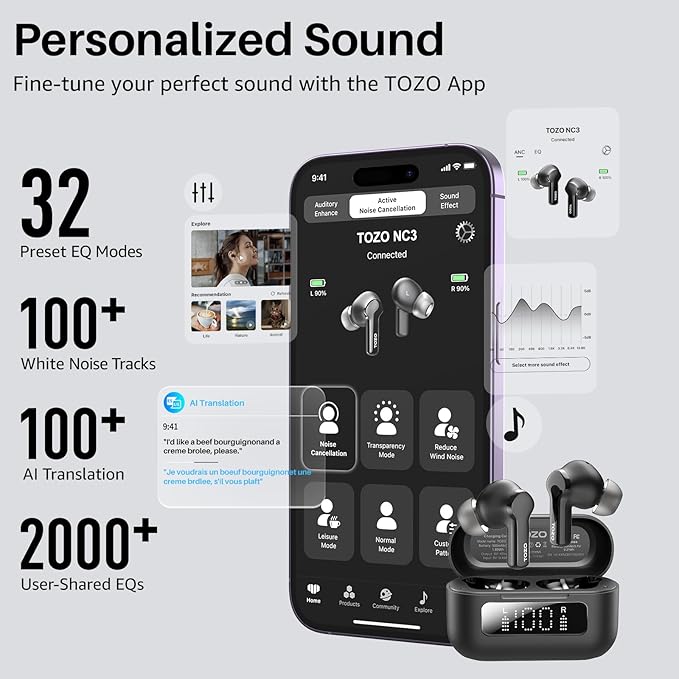 TOZO Hybrid Active Noise Cancelling Wireless Earbuds with 6 Mics AI Clear Call Ear Buds 68H Playtime with LED Display 32 Preset EQs via APP Bluetooth 5.3 IPX8 Waterproof in Ear Headphones
