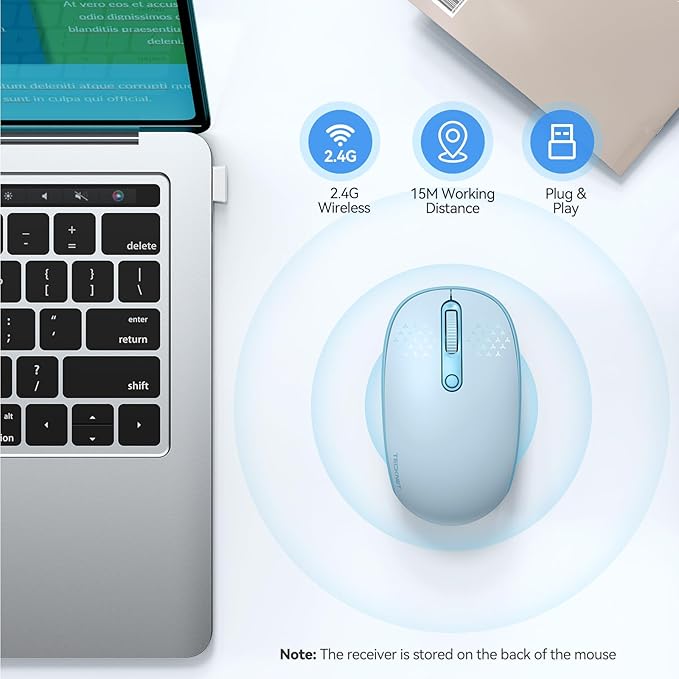 TECKNET Wireless Mouse, 2.4G Quiet Computer Mouse with USB Receiver, 4 Buttons Portable Cordless Mice for Chromebook, Laptop, PC, Mac, 800/1200/1600 DPI - Blue
