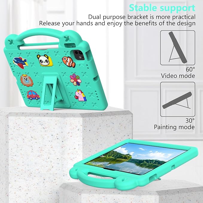 for iPad Air 11 inch Kids Case M3/M2 (2025/2024) & iPad Pro 11 Inch M4 Case 2024 with Pencil Holder/Handle/Kickstand/Cute DIY Soft Shockproof Stand Lightweight Tablet Cover, Mint Green Bear