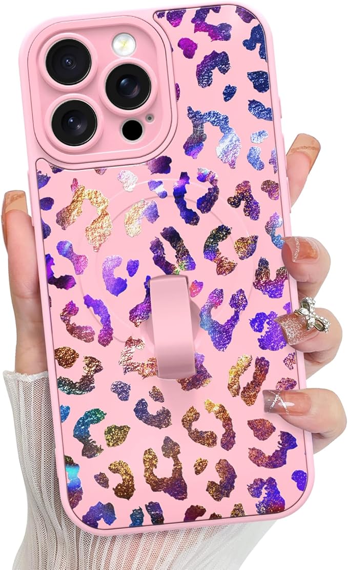 KANGHAR Compatible with iPhone 15 Pro Max Case, Support for MagSafe, Silicone Cute Iridescent Leopard Cheetah Pattern, Wristband Kickstand Shockproof Protective Slim Cover for Women Girls, Pink