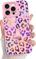 KANGHAR Compatible with iPhone 15 Pro Case, Support for MagSafe, Silicone Cute Iridescent Leopard Cheetah Pattern, Wristband Kickstand Shockproof Protective Slim Cover for Women Girls, Pink