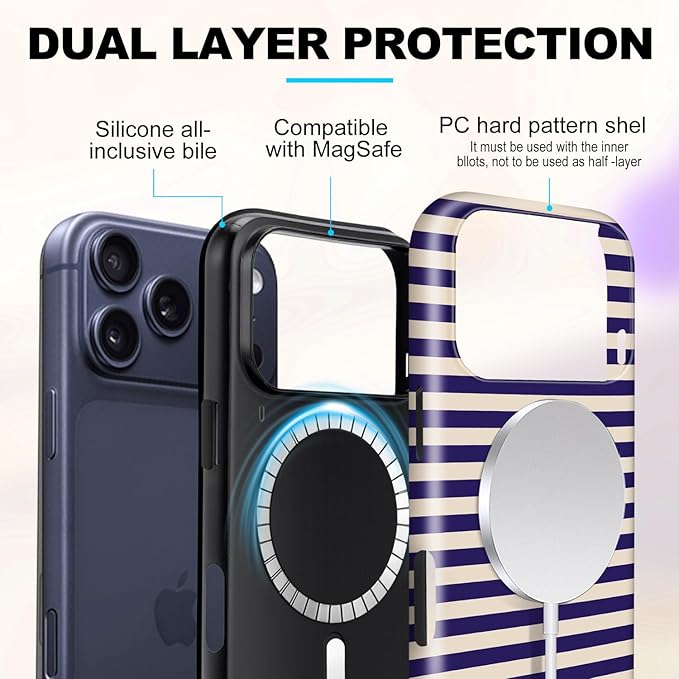 Magnetic for iPhone 17 Pro Case Cute Stripes Phone Case, Shockproof Slim TPU and Hard PC Protective Phone Cover Compatible with MagSafe Designed for Women Girls, Blue&Apricot