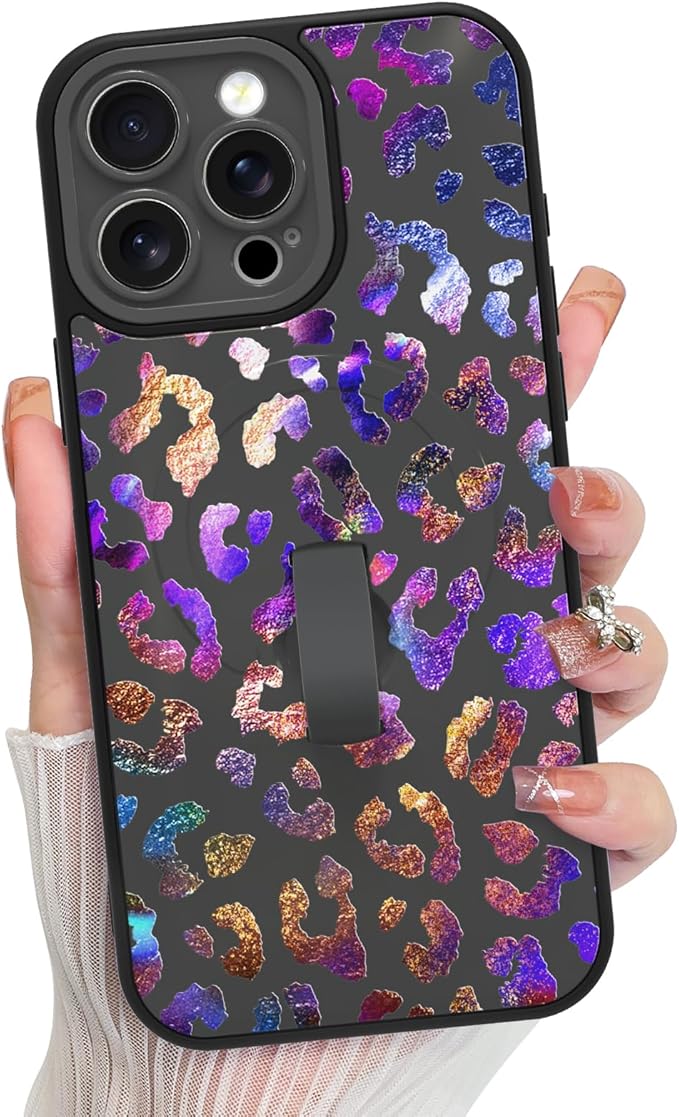 KANGHAR Compatible with iPhone 15 Pro Max Case, Support for MagSafe, Silicone Cute Iridescent Leopard Cheetah Pattern, Wristband Kickstand Shockproof Protective Slim Cover for Women Girls, Black