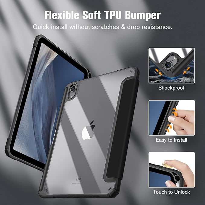 Fintie Hybrid Slim Case for iPad Mini 7 (A17 Pro, 7th Generation) 2024 / iPad Mini 6 (6th Gen) 8.3 Inch, [Built-in Pencil Holder] Shockproof Cover Clear Transparent Back Shell, Black
