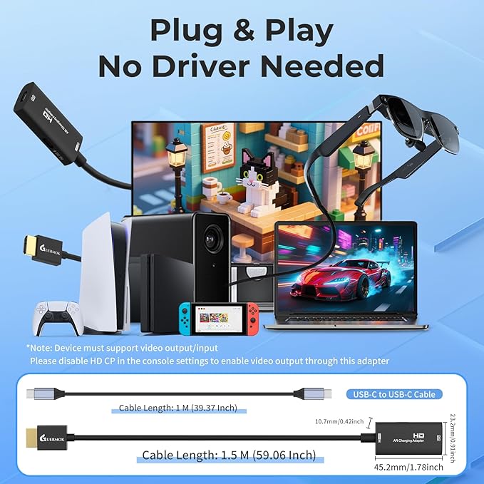 Guermok HDMI to USB C Video Display Adapter, 4.9ft AR Glasses Hub, 4K@60Hz HDMI Male to USBC Female for XREAL One/Air 2 Pro/RayNeo/Rokid, Switch 2/1, Xbox1, PS4/5, Portable Monitors, Black