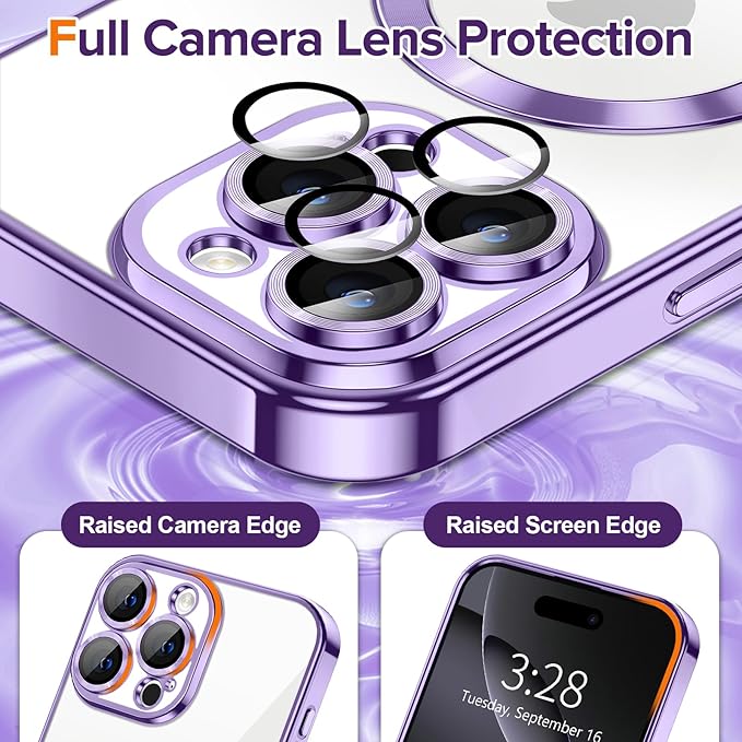 Hython Magnetic Clear for iPhone 16 Pro Max Case with Camera Lens Protector [Compatible with MagSafe] Plating Edge Slim Soft TPU Cover Protective Phone Case for iPhone 16 Pro Max 6.9", Light Purple