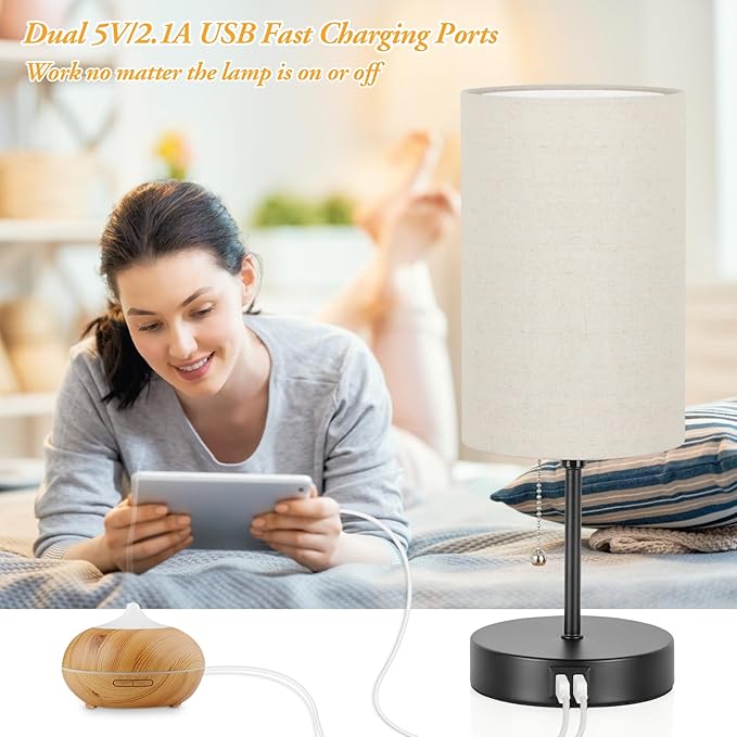2 Sets Table Lamps with 2 USB, Minimalist Beside lamps for Bedroom, Nightstand Lamps with Pull Chain, Desk Lamps with Cream Fabric Shade and Black Metal Base for Living Room, Home Office Reading Hotel