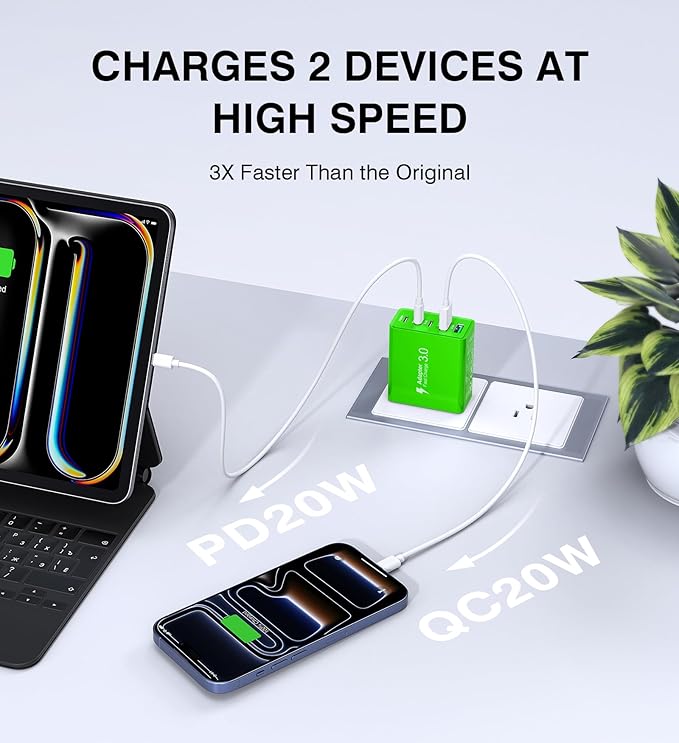 2 Pack 50W USB C Fast Charger Block,5-Port Type C Wall Charger Brick,2 USB A & 3 USB C PD3.0 Power Adapter Multiport Charging Plug Box for iPhone 13/14/15/16/17,Pad Mini/Pro, Cellphones(Green)