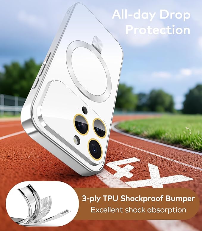 TOBOVON Magnetic for iPhone 16 Pro Case with Ring Stand, Fits MagSafe, with Built-in Camera Lens Protector, Slim Electroplated Shockproof Phone Cover, Silver
