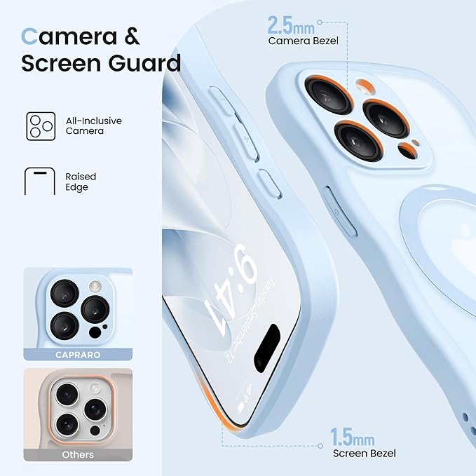 CAPRARO for iPhone 14 Pro Case with 360° Spin Magnetic Stand for Women, [Compatible with MagSafe] [Full Camera Protection] Cute Wave Translucent Matte Case for iPhone 14 Pro,Light Blue