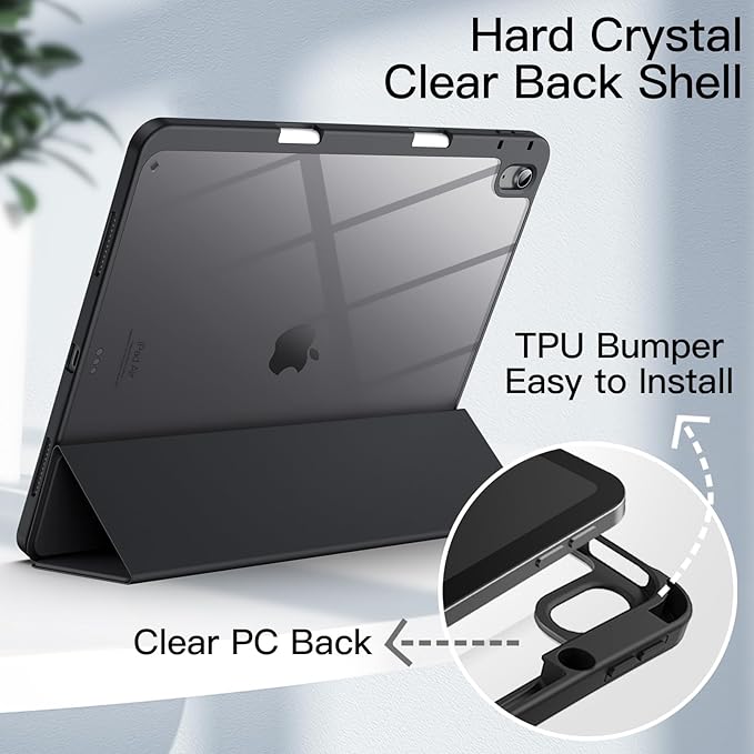 JETech Case for iPad Air 13-Inch M4/M3/M2 (2026/2025/2024) with Pencil Holder, Clear Transparent Back Shell Slim Stand Shockproof Tablet Cover, Auto Wake/Sleep (Black)