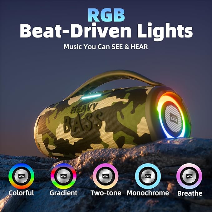 HEAVY BASS Speakers Bluetooth Wireless, 80W Max Loud Portable Speaker with Bass, 20H Playtime, IPX6 Waterproof, Dual Pairing, Gift Ideal for Adults Men Women Teen Boys Girls (Camo, Large)